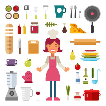 Set of Vector Icons and Illustrations in Flat Design Style. Profession Chef. Female Cartoon Character Surrounded by Kitchen Appliances and Food