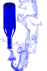 Blue bottle with smoke isolated on white background