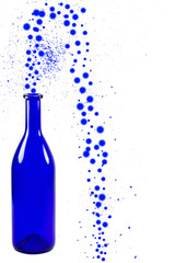 Blue bottle with bubbles isolated on white background