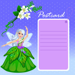 Doll forest elf in green dress with purple card