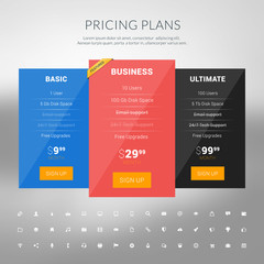 Vector Design Template for Pricing Table with Icon Set in Flat Design Style for Websites and Applications