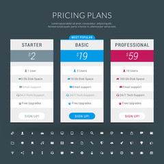 Vector Design Template for Pricing Table with Icon Set in Flat Design Style for Websites and Applications