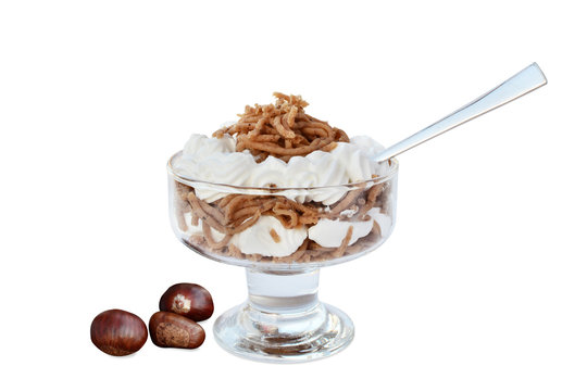 Vermicelles sweet chestnut noodles with whipped cream isolated