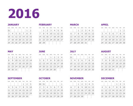 2016 Year Calendar