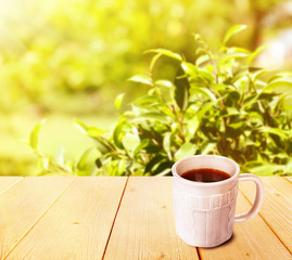 Cup of tea on wooden table, on nature background