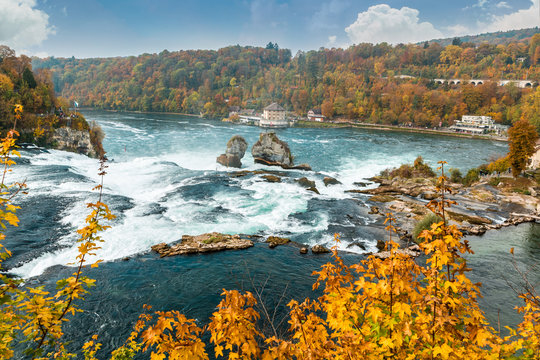 Autumn Rhine Falls are Europe's largest waterfall. Northern Switzerland, between the cantons of Schaffhausen and Z&uuml;rich.