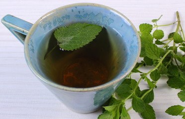 Fresh lemon balm and cup of herbal drink on white wooden table