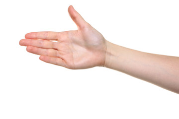 Female hand outstretched for a handshake, isolated on white.