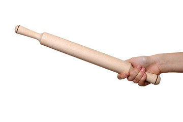 wooden rolling pin in hand woman isolated on white isolated background