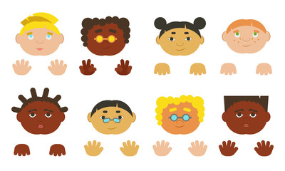 Kids faces and hands. Different ethnics, isolated.