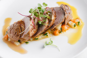 Pork fillet and vegatables with pear sauce