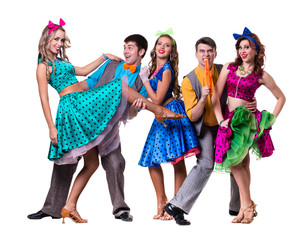 Fototapeta premium Cabaret dancer team dancing. Isolated on white background in full length