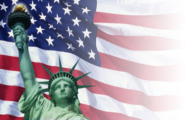 Fototapety  Kompozyt cyfrowy: amerykańska flaga i Statua Wolności