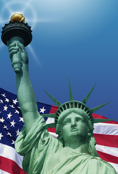 Digital composite: American flag and the Statue of Liberty