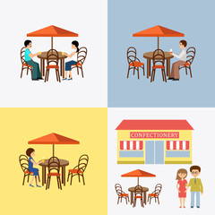 Set of people in cafe