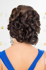 Naklejka premium portrait of a beautiful girl, beautiful hairstyle for Christmas holiday. profile, rear view, a fullface. make up. Beauty Woman. Beautiful New Year Holiday Creative Hair style 