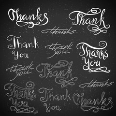 Fototapeta na wymiar Handwritten calligraphy. Vector set of Thank You. Typography isolated text elements on blackboard.