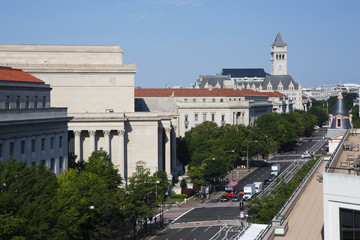Elevated view down Pennsylvania Avenue, Washington D.C. with Old Post Office tower in view, Washington, D.C..