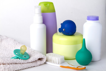 a group of things for bathing baby