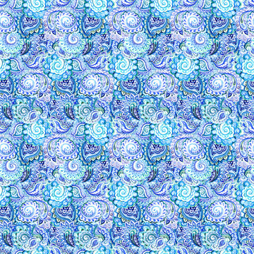 Seamless ornamental pattern in blue winter traditional style 