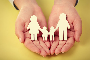Female hands holding toy family on color background