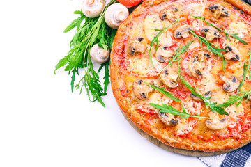 Tasty pizza with vegetables and napkin isolated on white