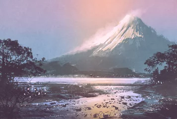 Selbstklebende Fototapeten Hellrosa Winterlandschaft mit Bergsee unter Abendhimmel, digitale Malerei  © grandfailure