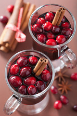 glass of mulled wine with cranberry and spices, winter drink
