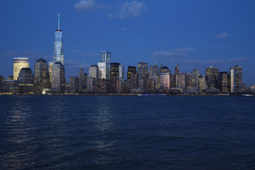 Panoramic view of New York City Skyline at dusk featuring One World Trade Center (1WTC), Freedom Tower, New York City, New York, USA, 03.20.2014