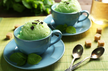 Homemade Green tea ice-cream on dark wooden background