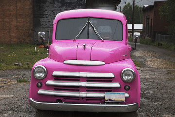 Antique purple truck in rain, Silverton, Colorado, USA, 07.08.2014