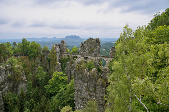 Bastei bridge from lookout point Ferdinandstein
