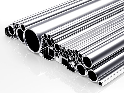 Round, square metal tubes and pipes of different diameters and shapes isolated on a white background