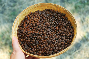 Roasted coffee beans in wattled basket