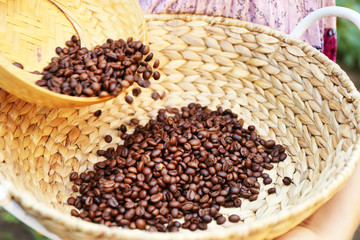 Woman spills wattled basket with roasted coffee beans