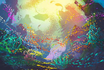 Fototapeta na wymiar underwater with coral reef and colorful fish,illustration painting