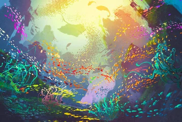 Fototapeten underwater with coral reef and colorful fish,illustration painting © grandfailure