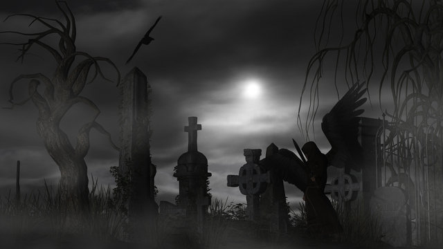 Dark Angel at a graveyard on a foggy night with full moon