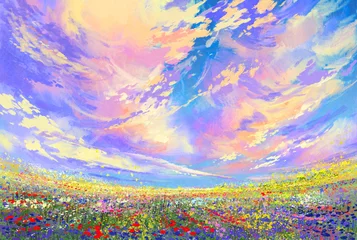 Fotobehang landschapsschilderkunst, kleurrijke bloemen in het veld onder prachtige wolken © grandfailure