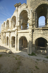 Fototapeta na wymiar Exterior of the Arena of Arles, from ancient Roman times, can hold 24,000 spectators, Arles, France