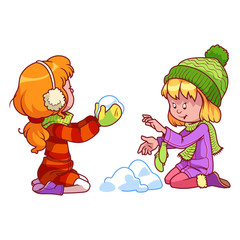 Two girls playing with snow