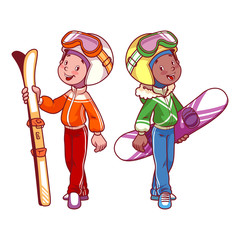 Two boys with skis and snowboard in ski suits