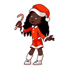 Girl in a Christmas fancy dress with candy in hand