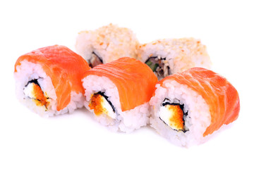 Tasty rolls with salmon isolated in white