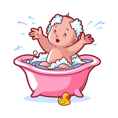 Baby bathing in pink bath with foam and rubber duck