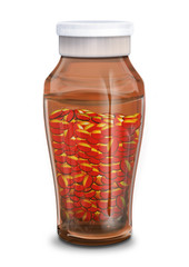 Medizinische Glasflasche mit Medikamente, Kapseln, freigestellt