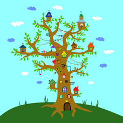 Иллюстрация дерева с домиками