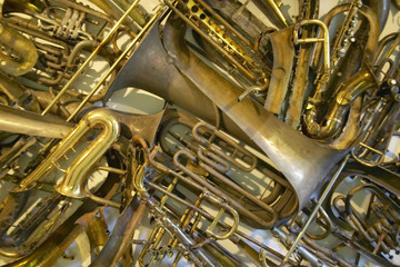 Brass musical instruments in an antique store, Nice, France