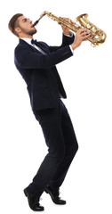 Naklejka premium Elegant happy saxophonist plays music on sax on white background