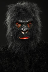 Portrait of a man with gorilla costume isolated on black background
